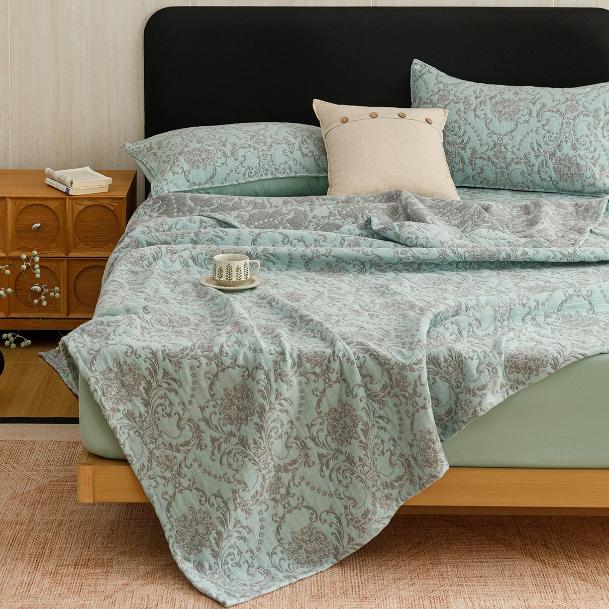 91家纺网 家纺一手货源 找家纺 悦然毛巾被 2026新款全棉三层纱加厚夏被四件套毛巾床笠盖毯毛毯枕套夏凉被空调被 清禾蓝