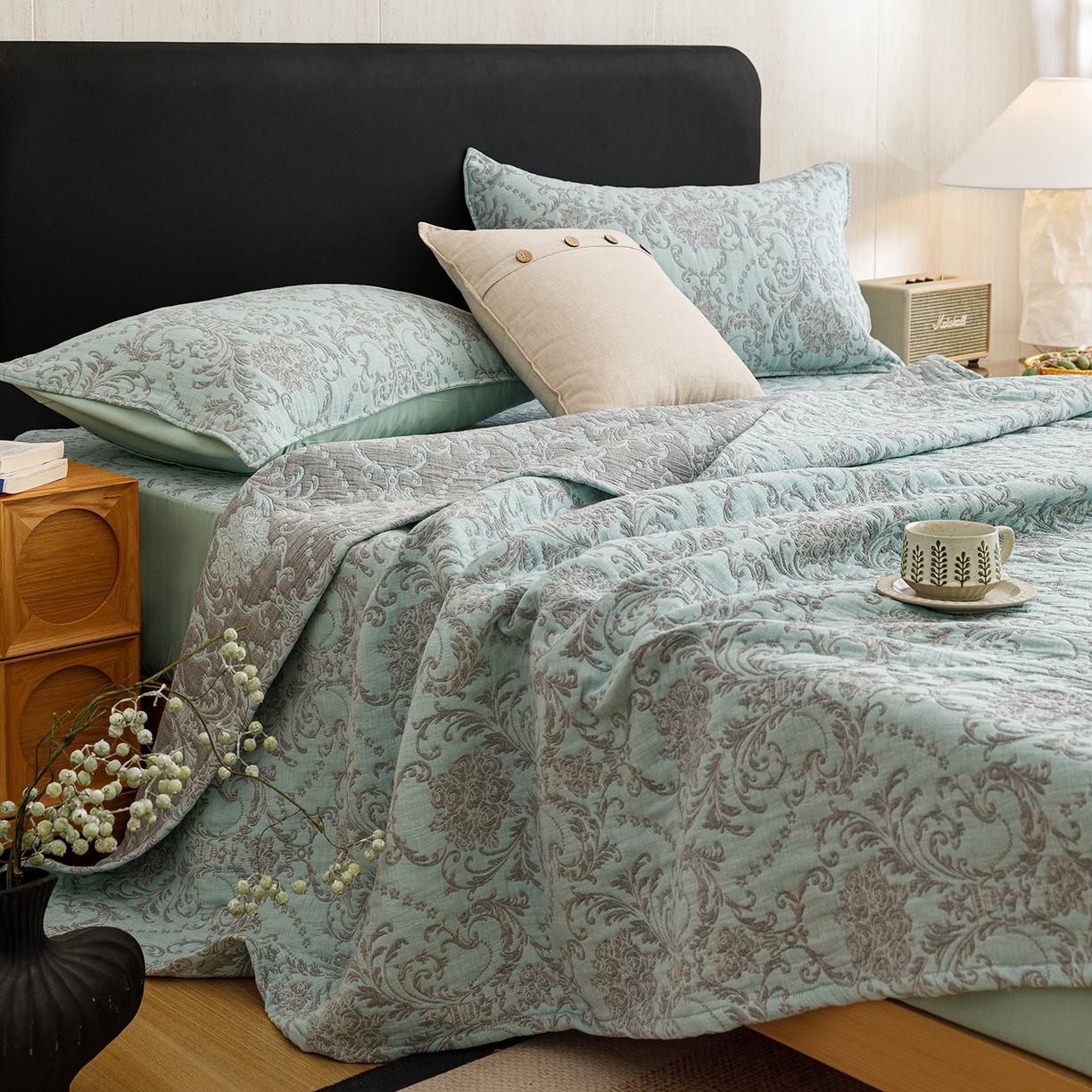 91家纺网 家纺一手货源 找家纺 悦然毛巾被 2026新款全棉三层纱加厚夏被四件套毛巾床笠盖毯毛毯枕套夏凉被空调被 清禾蓝