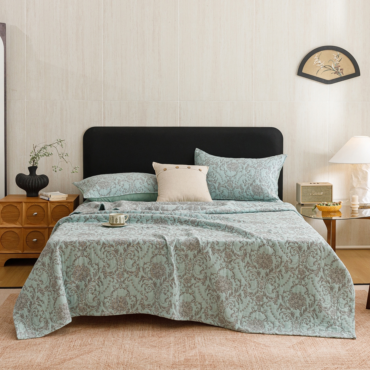 91家纺网 家纺一手货源 找家纺 悦然毛巾被 2026新款全棉三层纱加厚夏被四件套毛巾床笠盖毯毛毯枕套夏凉被空调被 清禾蓝