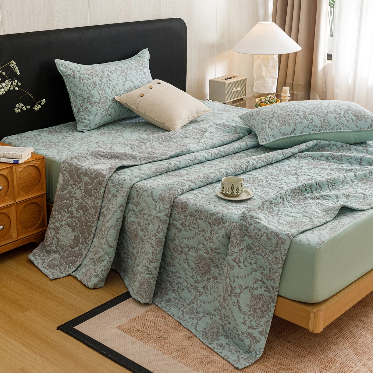 91家纺网 家纺一手货源 找家纺 悦然毛巾被 2026新款全棉三层纱加厚夏被四件套毛巾床笠盖毯毛毯枕套夏凉被空调被 清禾蓝