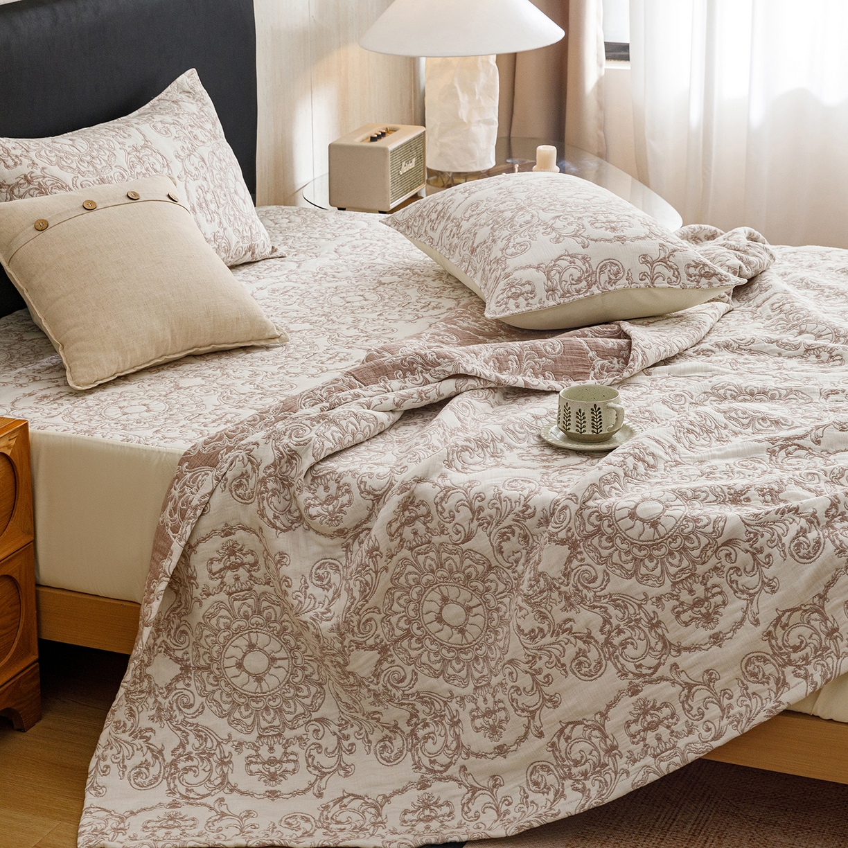 91家纺网 家纺一手货源 找家纺 悦然毛巾被 2026新款全棉三层纱加厚夏被四件套毛巾床笠盖毯毛毯枕套夏凉被空调被 棕织