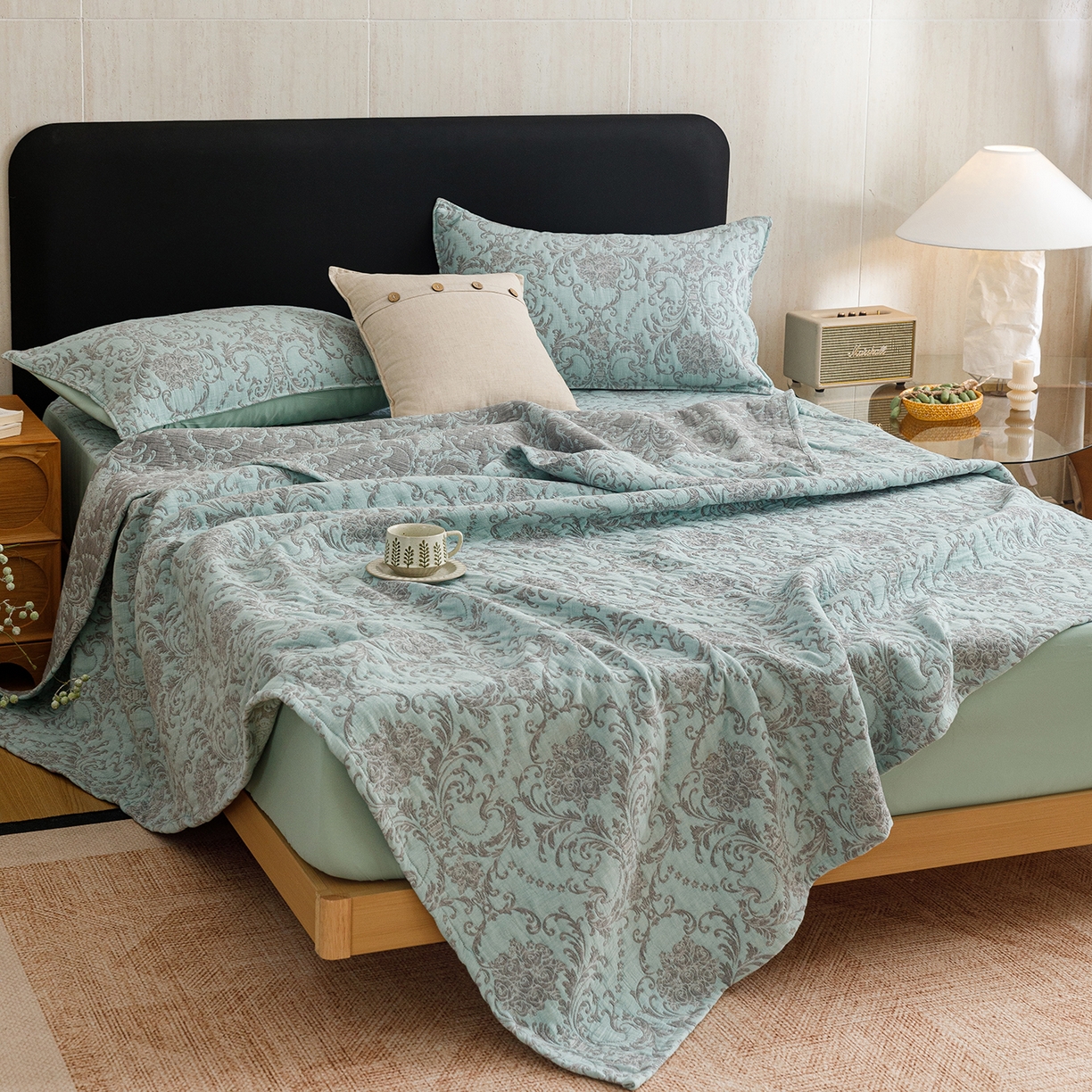 91家纺网 家纺一手货源 找家纺 悦然毛巾被 2026新款全棉三层纱加厚夏被四件套毛巾床笠盖毯毛毯枕套夏凉被空调被 清禾蓝