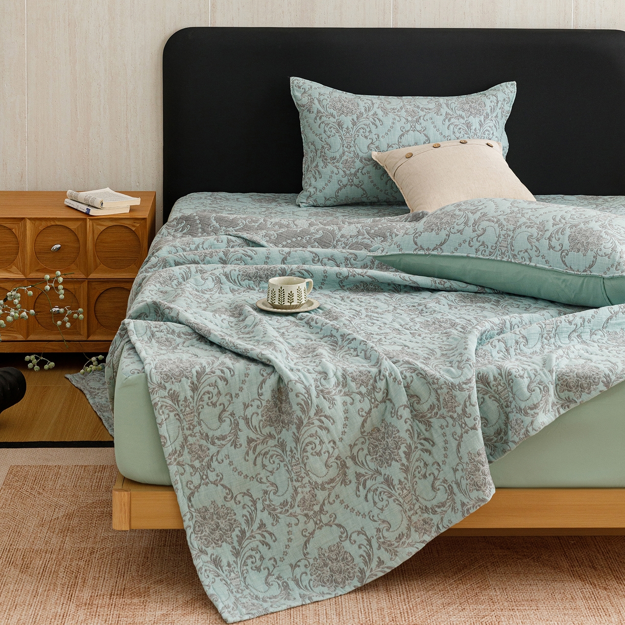 91家纺网 家纺一手货源 找家纺 悦然毛巾被 2026新款全棉三层纱加厚夏被四件套毛巾床笠盖毯毛毯枕套夏凉被空调被 清禾蓝