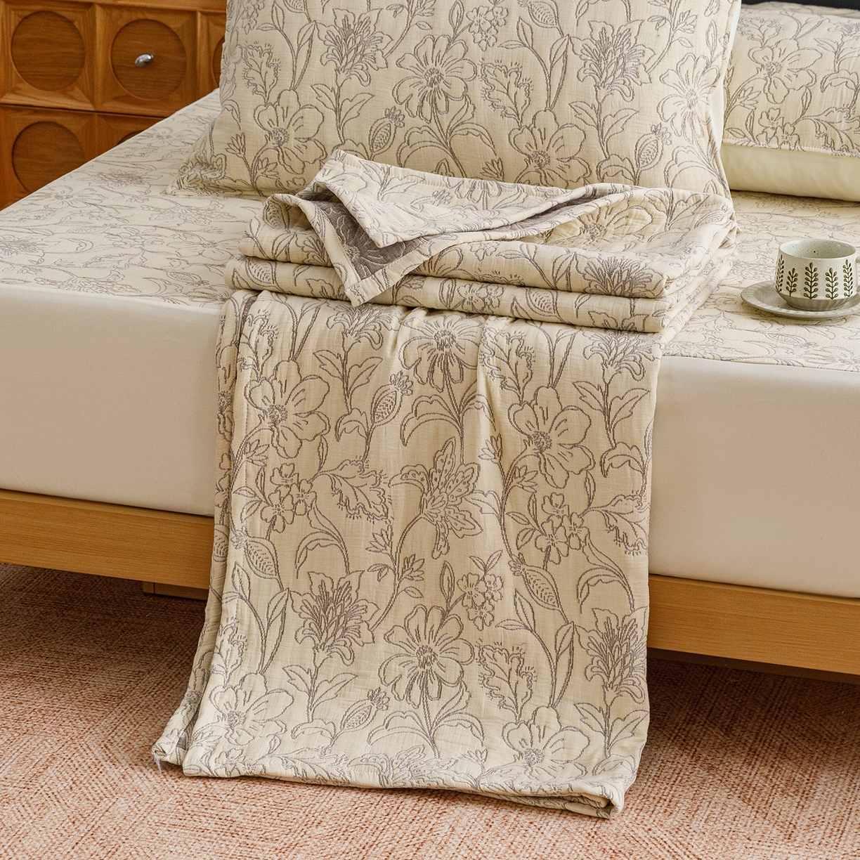 悦然毛巾被 2026新款全棉三层纱加厚夏被四件套毛巾床笠盖毯毛毯枕套夏凉被空调被 花织流年