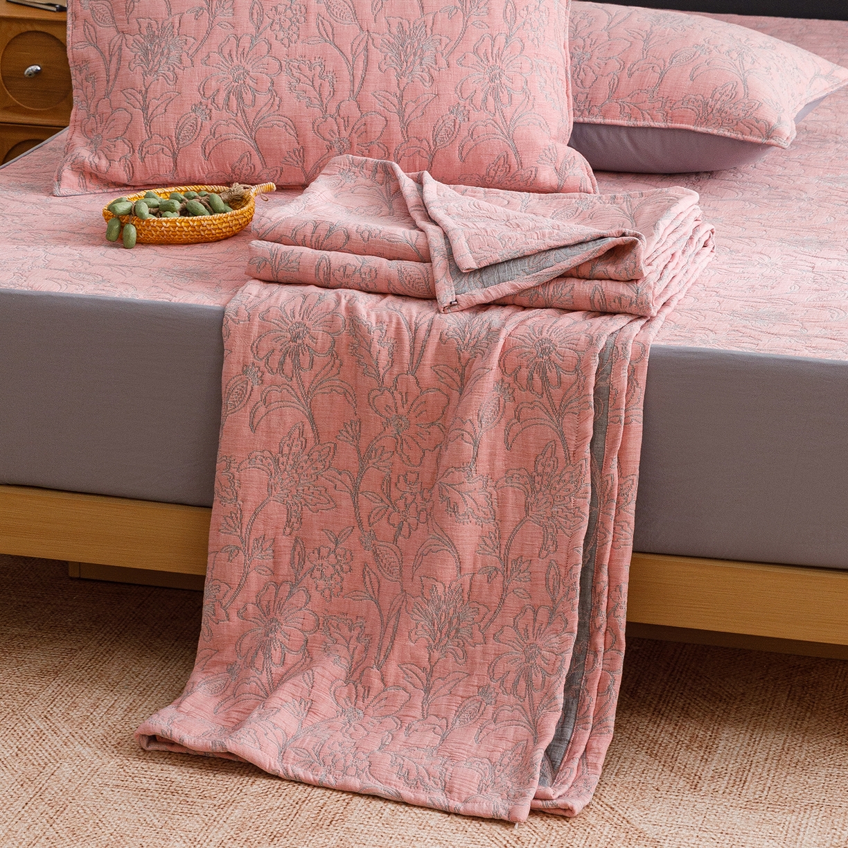 悦然毛巾被 2026新款全棉三层纱加厚夏被四件套毛巾床笠盖毯毛毯枕套夏凉被空调被 雾花豆纱