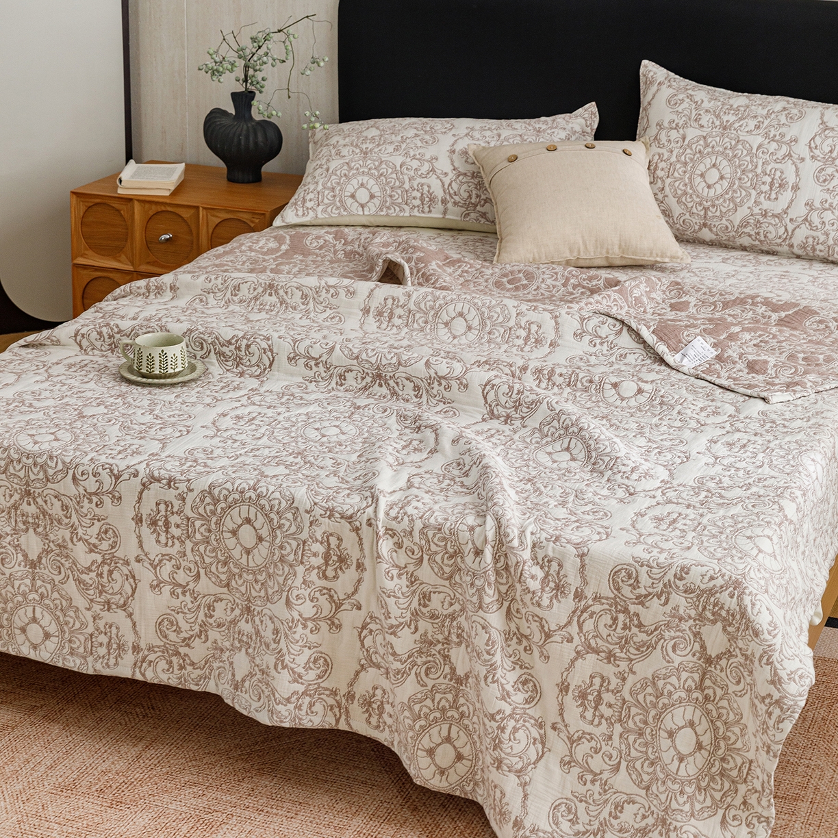 91家纺网 家纺一手货源 找家纺 悦然毛巾被 2026新款全棉三层纱加厚夏被四件套毛巾床笠盖毯毛毯枕套夏凉被空调被 棕织