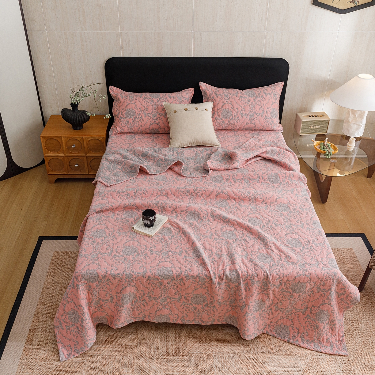 91家纺网 家纺一手货源 找家纺 悦然毛巾被 2026新款全棉三层纱加厚夏被四件套毛巾床笠盖毯毛毯枕套夏凉被空调被 欧韵粉