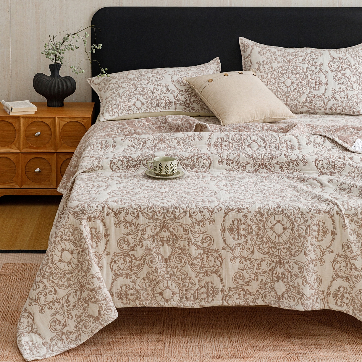 91家纺网 家纺一手货源 找家纺 悦然毛巾被 2026新款全棉三层纱加厚夏被四件套毛巾床笠盖毯毛毯枕套夏凉被空调被 棕织