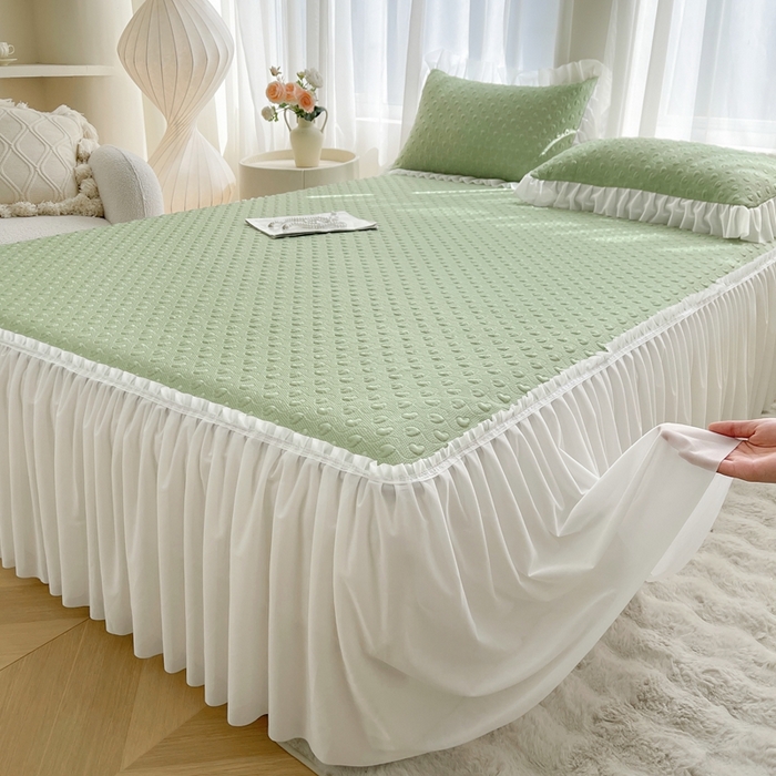 91家纺网 家纺一手货源 找家纺 怡源梦 2026新款高分子凉感床裙款凉席席子凉席-心动 心动-绿色