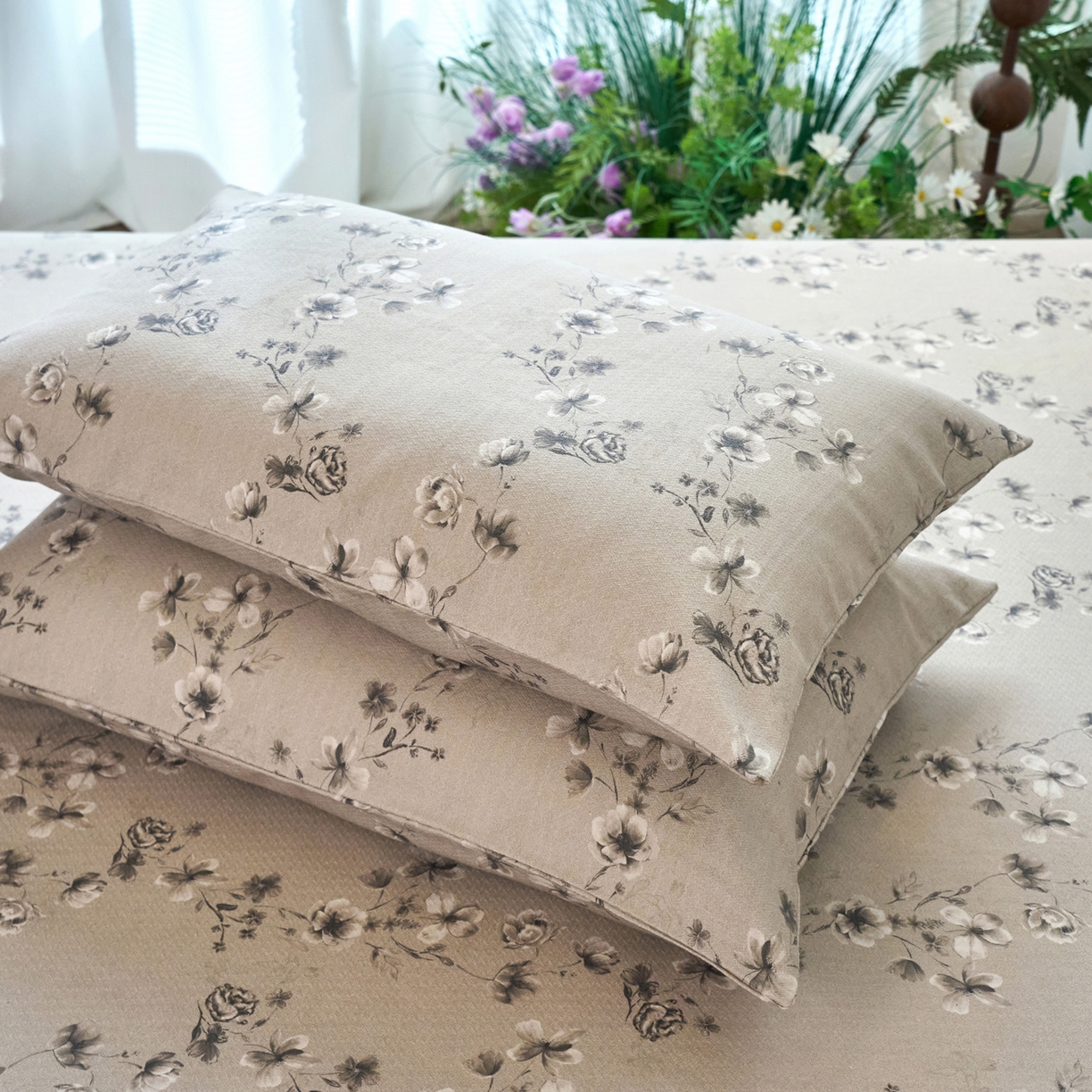 91家纺网 家纺一手货源 找家纺 春皖家纺 2026春夏新款棉麻老粗布系列单枕套 枕套单件 雾花