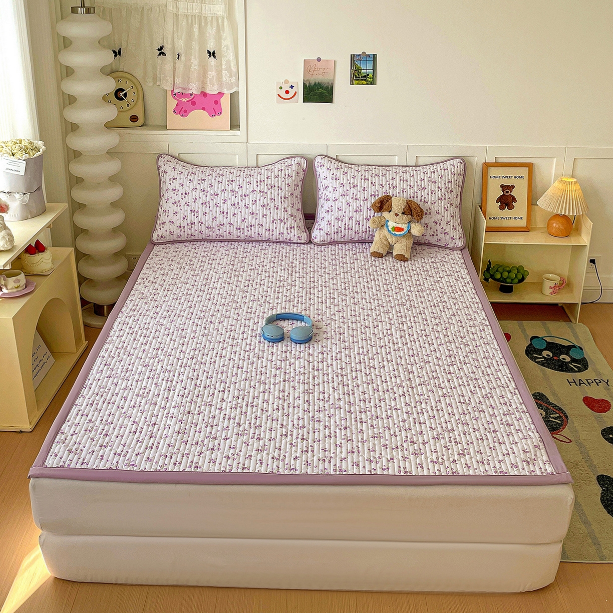 91家纺网 家纺一手货源 找家纺 纽缦家纺 2026新款A类105g仿棉古法水洗棉床垫 波影紫