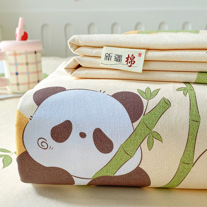 91家纺网 家纺一手货源 找家纺 棉乐町家居 2026春夏新款100%全棉纯棉老粗布床单凉席席子 竹子熊猫