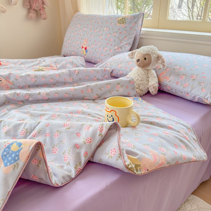 91家纺网 家纺一手货源 找家纺 梦舒阳家纺 2026新款仿棉夏凉被古法水洗棉夏被空调被跑量款 花涧小兔