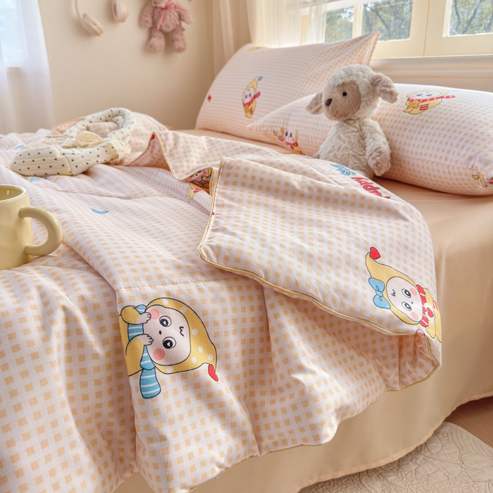 91家纺网 家纺一手货源 找家纺 梦舒阳家纺 2026新款仿棉夏凉被古法水洗棉夏被空调被跑量款 黄格子星星