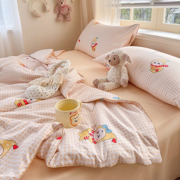 91家纺网 家纺一手货源 找家纺 梦舒阳家纺 2026新款仿棉夏凉被古法水洗棉夏被空调被跑量款 黄格子星星