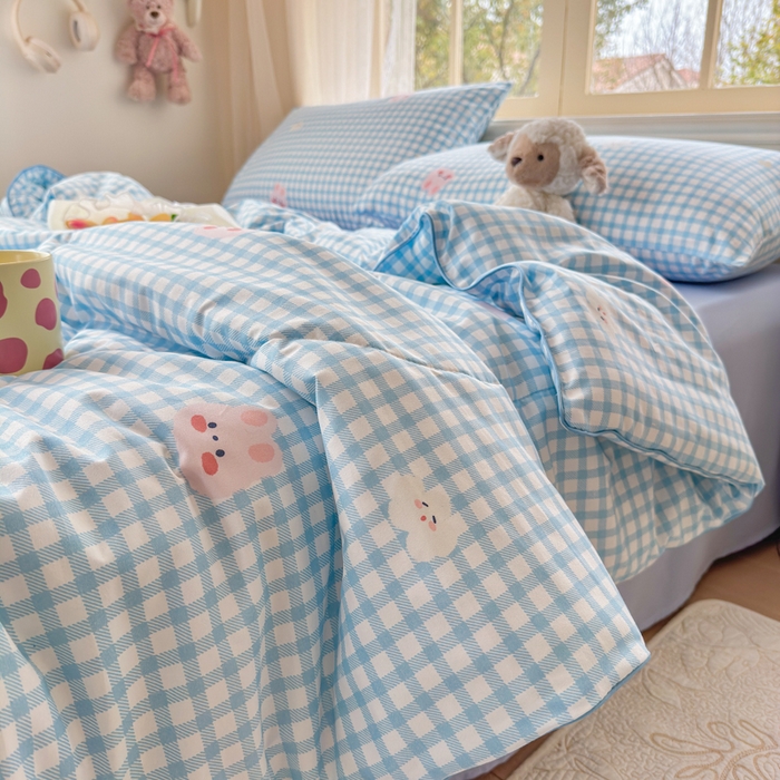 91家纺网 家纺一手货源 找家纺 梦舒阳家纺 2026新款仿棉夏凉被古法水洗棉夏被空调被跑量款 蓝格子兔子