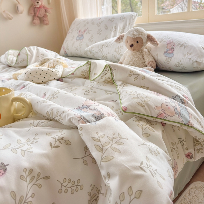 91家纺网 家纺一手货源 找家纺 梦舒阳家纺 2026新款仿棉夏凉被古法水洗棉夏被空调被跑量款 兔兔闺蜜