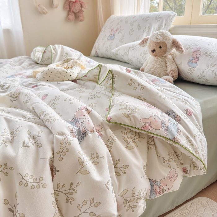 91家纺网 家纺一手货源 找家纺 梦舒阳家纺 2026新款仿棉夏凉被古法水洗棉夏被空调被跑量款 兔兔闺蜜