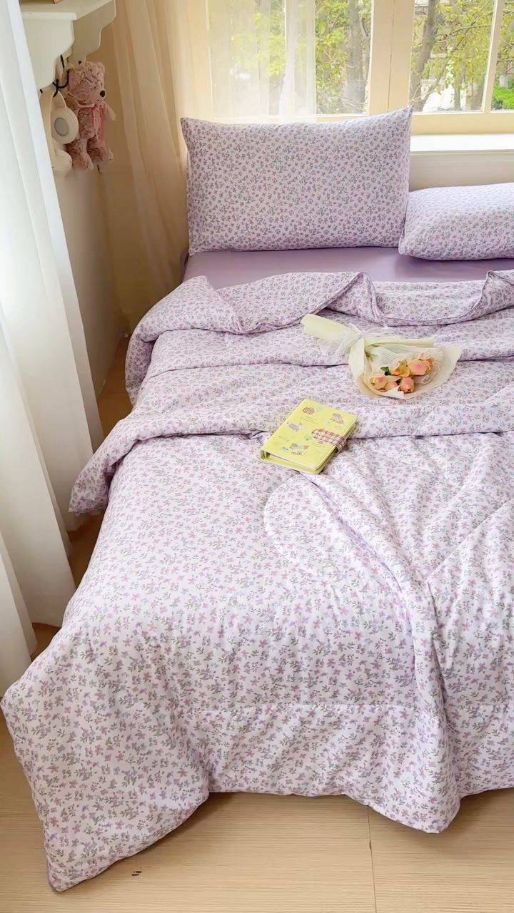 91家纺网 家纺一手货源 找家纺 梦舒阳家纺 2026新款仿棉夏凉被古法水洗棉夏被空调被跑量款 紫萱