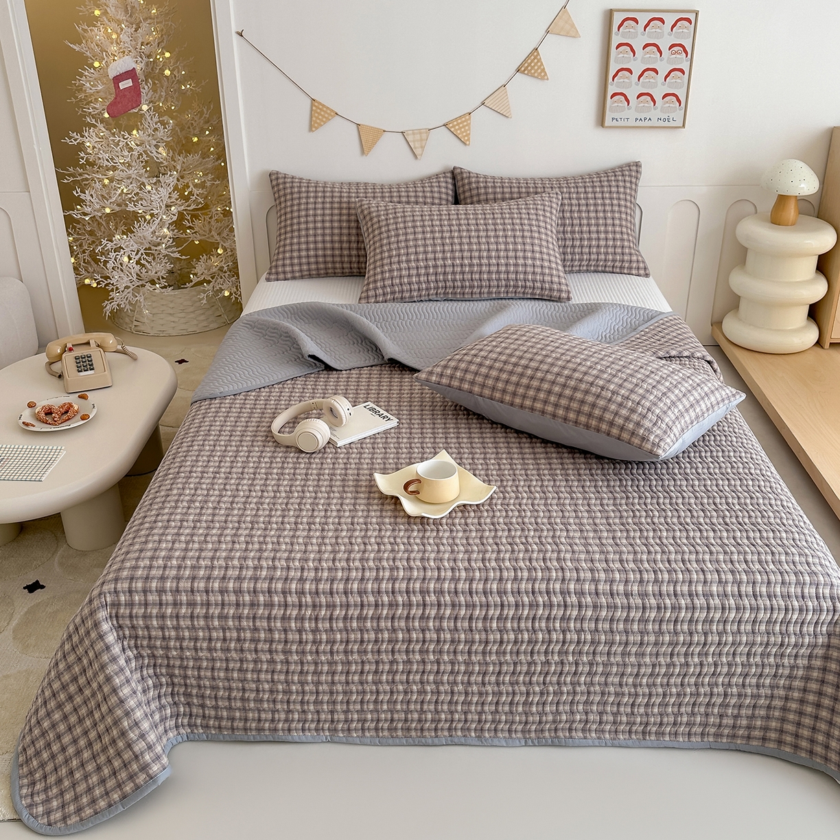 欣宜家纺 2026新款A类全棉纯棉水洗棉夹棉床盖三件套床褥子软床垫 简格浣花灰