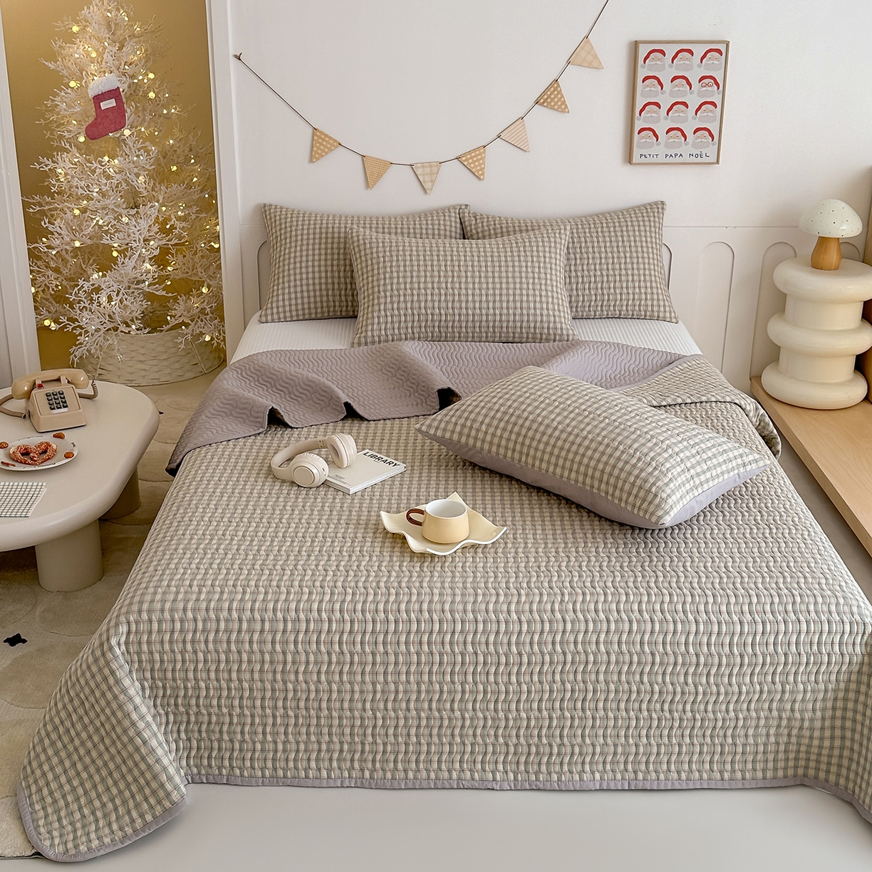 欣宜家纺 2026新款A类全棉纯棉水洗棉夹棉床盖三件套床褥子软床垫 简格薄荷绿