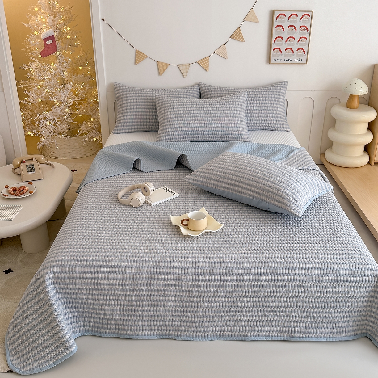 欣宜家纺 2026新款A类全棉纯棉水洗棉夹棉床盖三件套床褥子软床垫 简格青柠兰