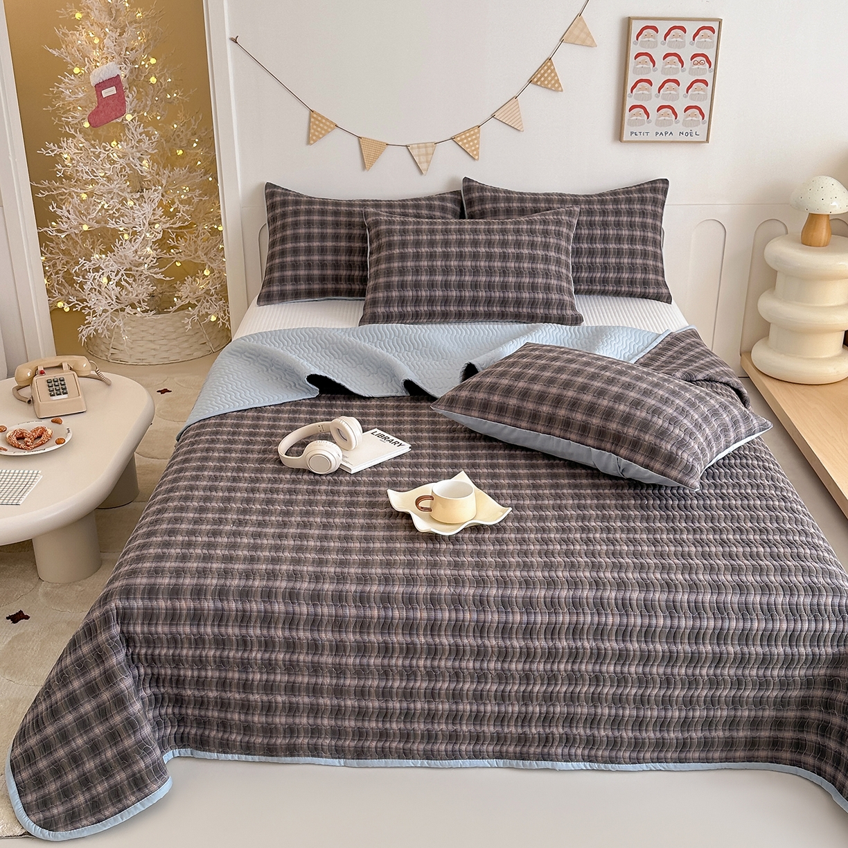 欣宜家纺 2026新款A类全棉纯棉水洗棉夹棉床盖三件套床褥子软床垫 简格米兰灰