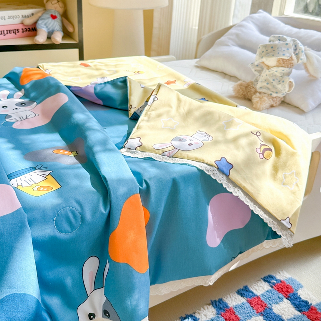 91家纺网 家纺一手货源 找家纺 春妮家纺 2026新款全棉花边儿童幼儿园小被子夏被空调被夏凉被 小兔乖乖