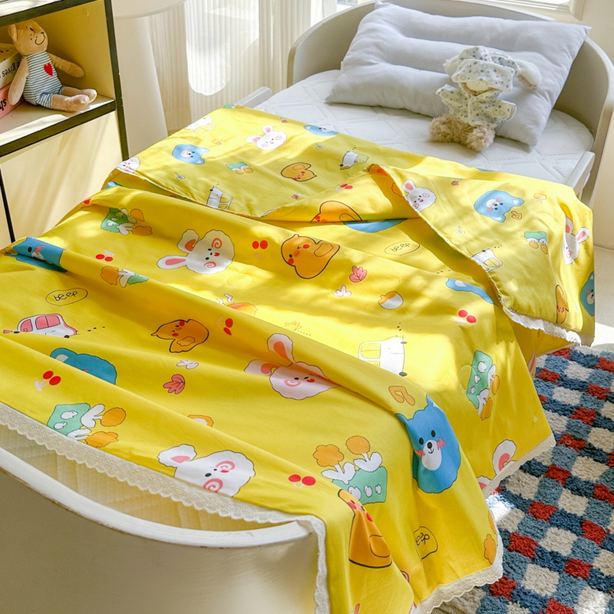 91家纺网 家纺一手货源 找家纺 春妮家纺 2026新款全棉花边儿童幼儿园小被子夏被空调被夏凉被 动物乐园