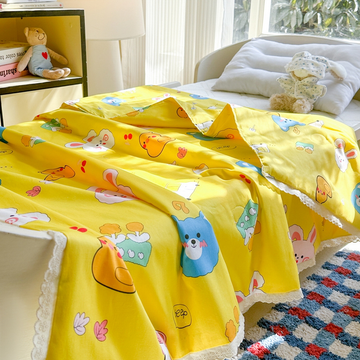 91家纺网 家纺一手货源 找家纺 春妮家纺 2026新款全棉花边儿童幼儿园小被子夏被空调被夏凉被 动物乐园
