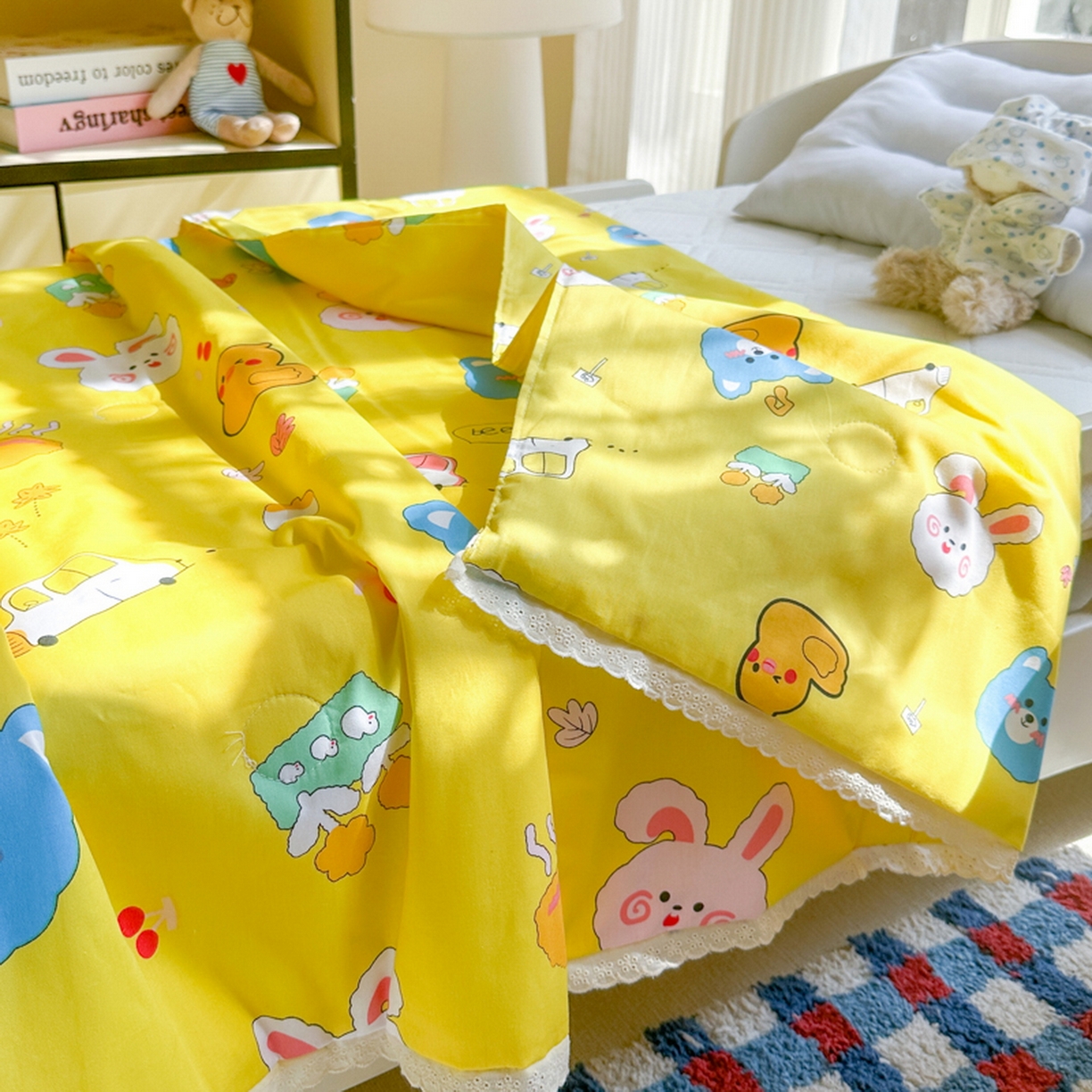 91家纺网 家纺一手货源 找家纺 春妮家纺 2026新款全棉花边儿童幼儿园小被子夏被空调被夏凉被 动物乐园