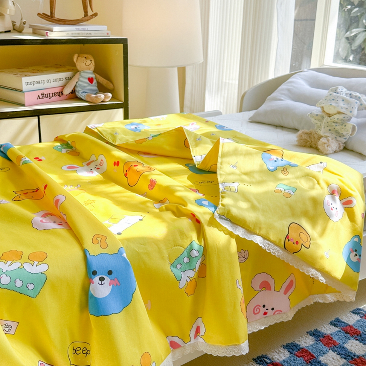 91家纺网 家纺一手货源 找家纺 春妮家纺 2026新款全棉花边儿童幼儿园小被子夏被空调被夏凉被 动物乐园
