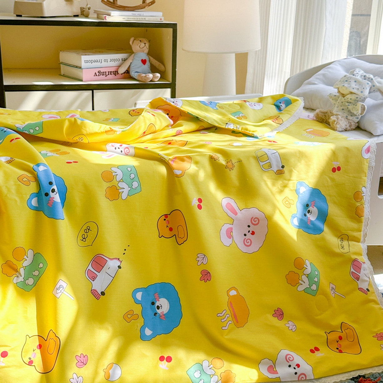 91家纺网 家纺一手货源 找家纺 春妮家纺 2026新款全棉花边儿童幼儿园小被子夏被空调被夏凉被 动物乐园