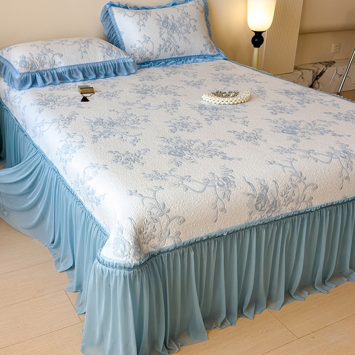 莱家富 2026新款A类母婴级法式风冰豆豆凉席夏天冰丝席夏季可机洗家用软席床裙款 思琳娜-天空蓝