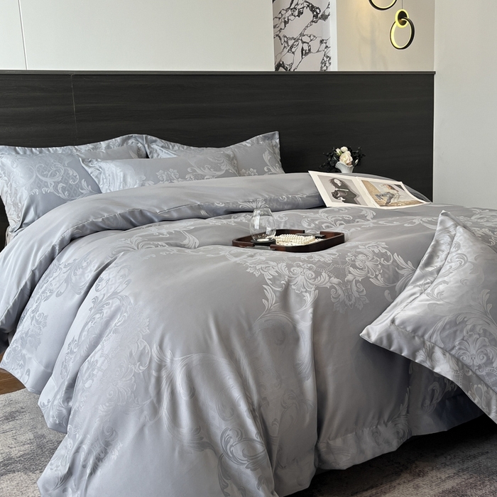 91家纺网 家纺一手货源 找家纺 金牛座家纺 2026春夏新款高精密大花位贡缎提花四件套-赫拉 赫拉-高级灰