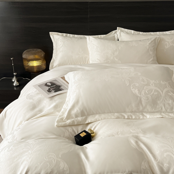 91家纺网 家纺一手货源 找家纺 金牛座家纺 2026春夏新款高精密大花位贡缎提花四件套-赫拉 赫拉-奶白