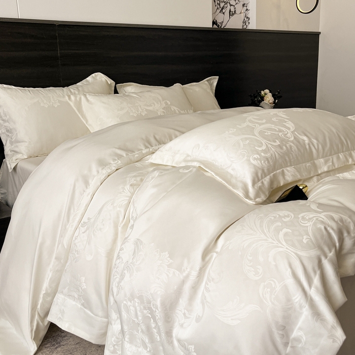 91家纺网 家纺一手货源 找家纺 金牛座家纺 2026春夏新款高精密大花位贡缎提花四件套-赫拉 赫拉-奶白