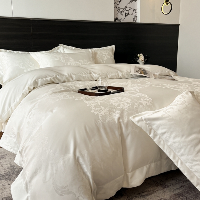 91家纺网 家纺一手货源 找家纺 金牛座家纺 2026春夏新款高精密大花位贡缎提花四件套-赫拉 赫拉-奶白