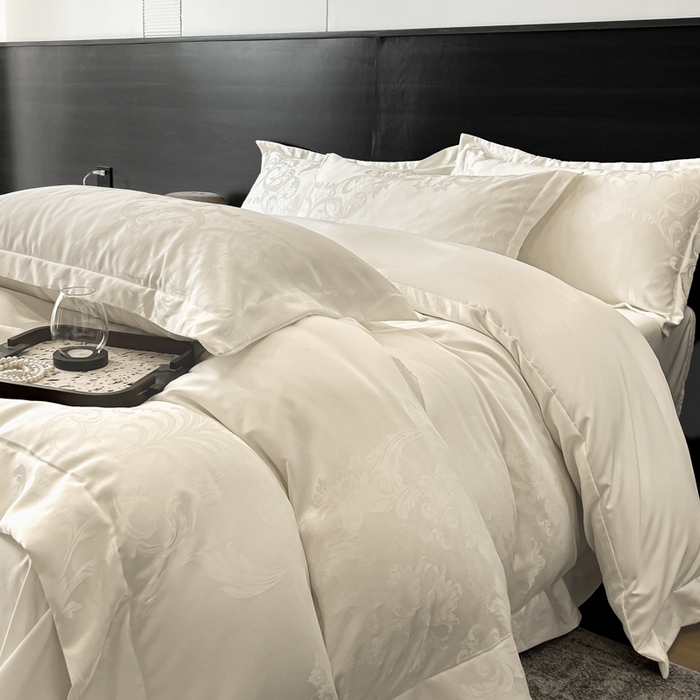 91家纺网 家纺一手货源 找家纺 金牛座家纺 2026春夏新款高精密大花位贡缎提花四件套-赫拉 赫拉-奶白