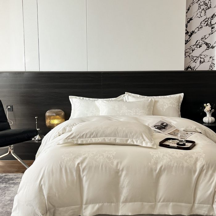 91家纺网 家纺一手货源 找家纺 金牛座家纺 2026春夏新款高精密大花位贡缎提花四件套-赫拉 赫拉-奶白