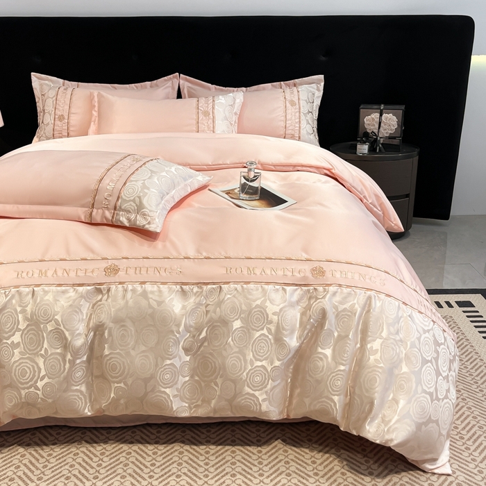 91家纺网 家纺一手货源 找家纺 （总）金牛座家纺 2026春夏新款细斜纹贡缎亮丝提花重工刺绣四件套-爱恋