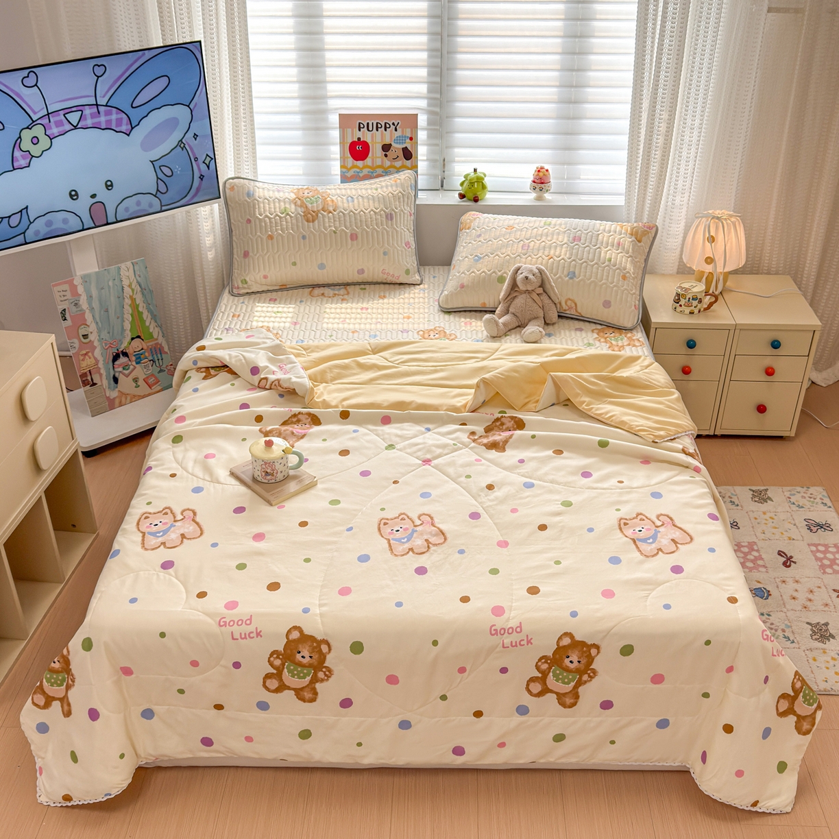 91家纺网 家纺一手货源 找家纺 慕尚家纺 2026新款乳胶凉席夏被空调被夏凉被套装组合 多彩熊