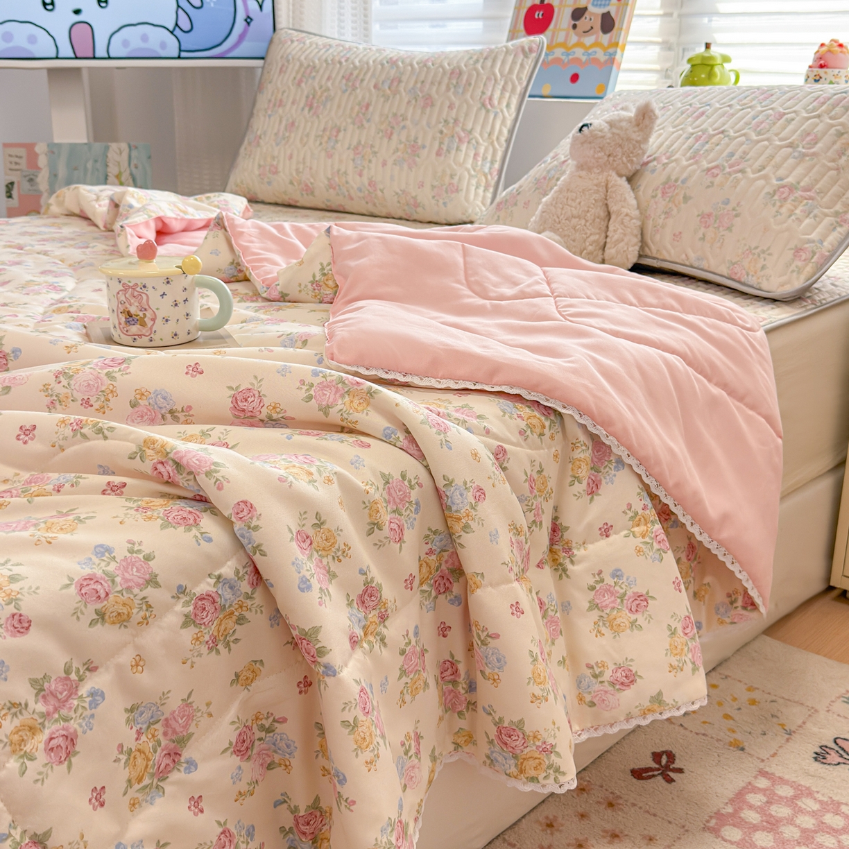 91家纺网 家纺一手货源 找家纺 慕尚家纺 2026新款乳胶凉席夏被空调被夏凉被套装组合 繁花