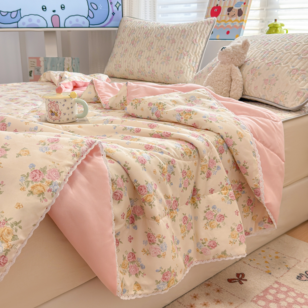 91家纺网 家纺一手货源 找家纺 慕尚家纺 2026新款乳胶凉席夏被空调被夏凉被套装组合 繁花