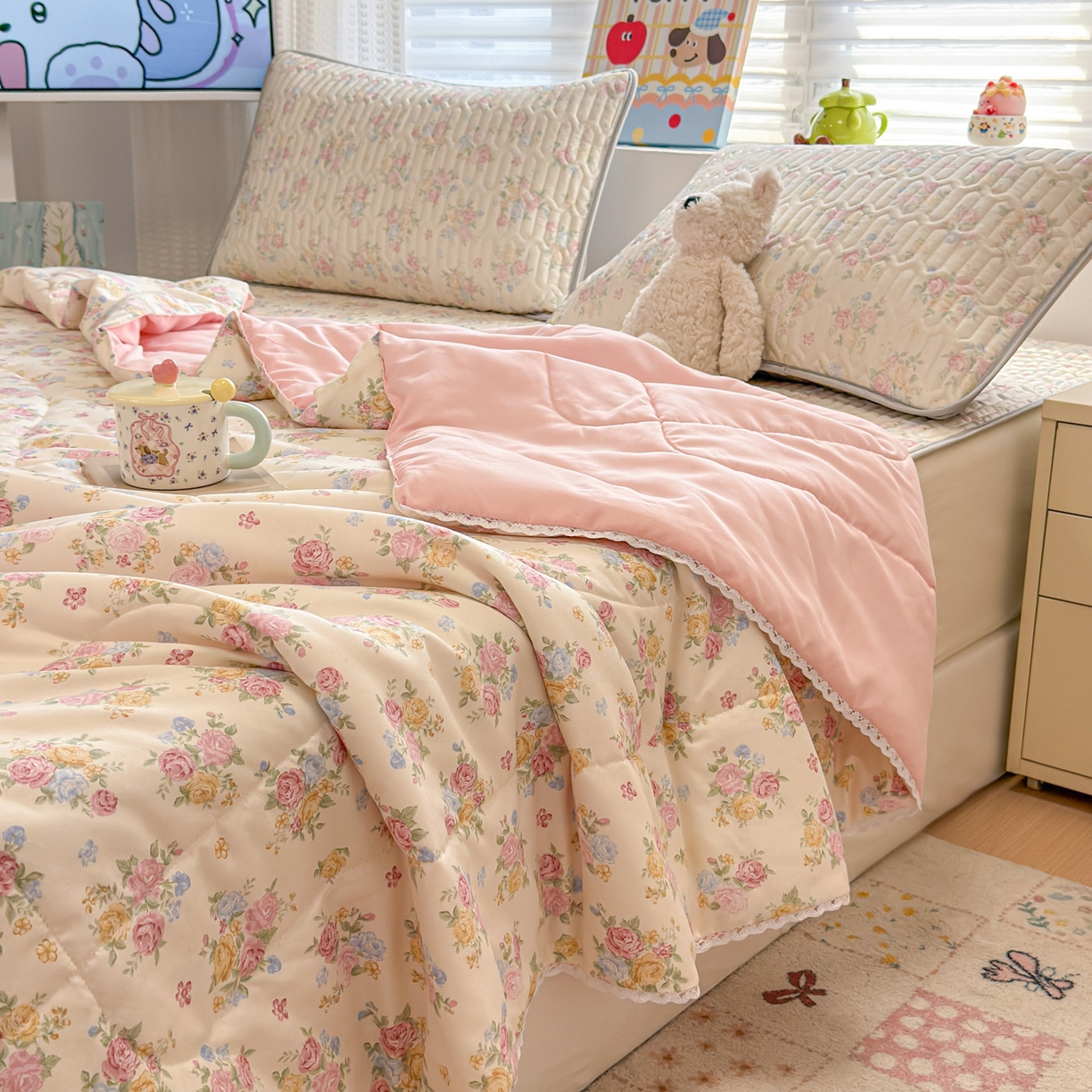 91家纺网 家纺一手货源 找家纺 慕尚家纺 2026新款乳胶凉席夏被空调被夏凉被套装组合 繁花