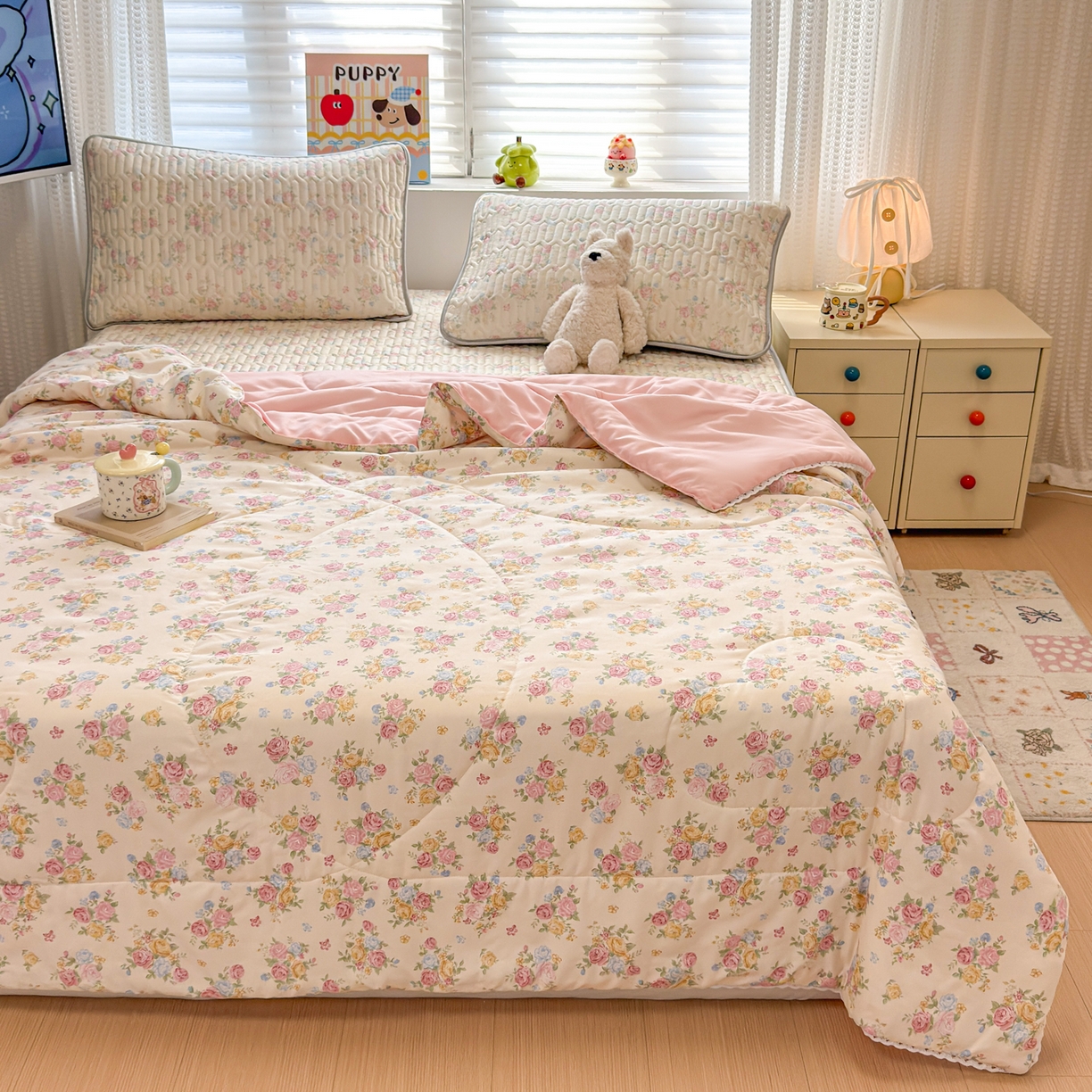 91家纺网 家纺一手货源 找家纺 慕尚家纺 2026新款乳胶凉席夏被空调被夏凉被套装组合 繁花