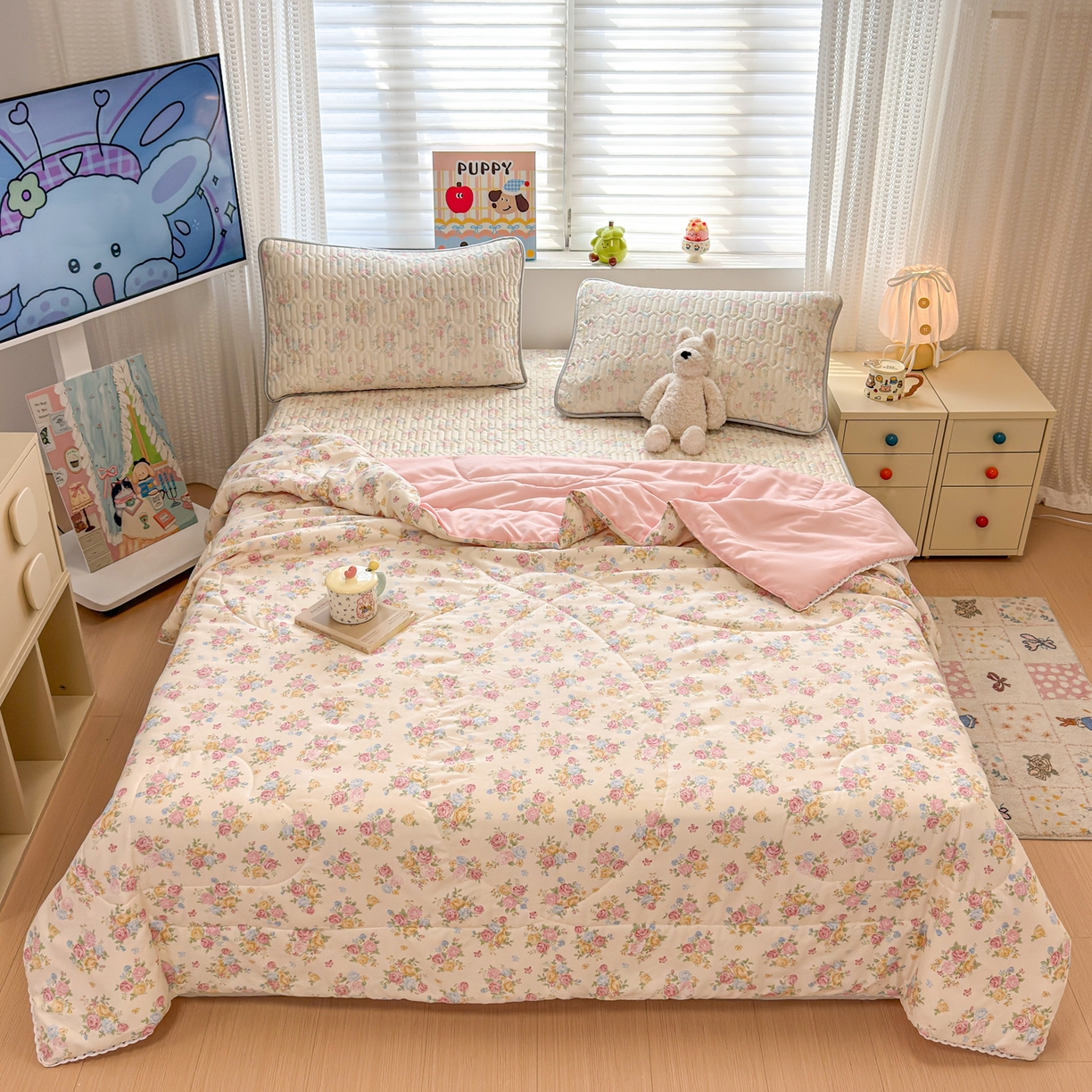 91家纺网 家纺一手货源 找家纺 慕尚家纺 2026新款乳胶凉席夏被空调被夏凉被套装组合 繁花