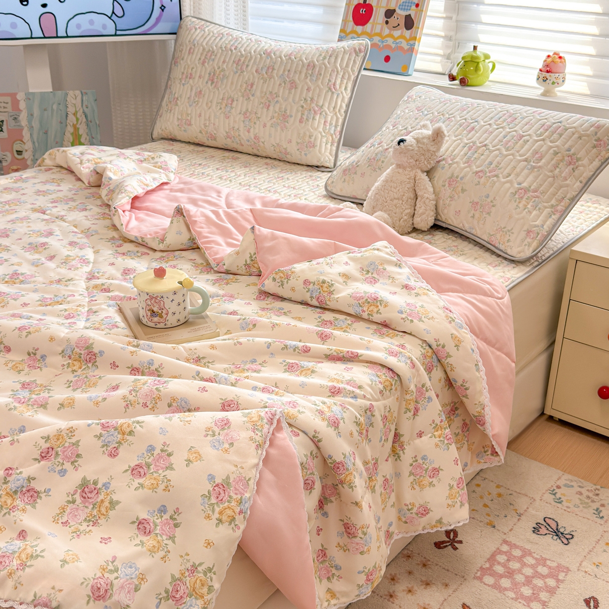 91家纺网 家纺一手货源 找家纺 慕尚家纺 2026新款乳胶凉席夏被空调被夏凉被套装组合 繁花