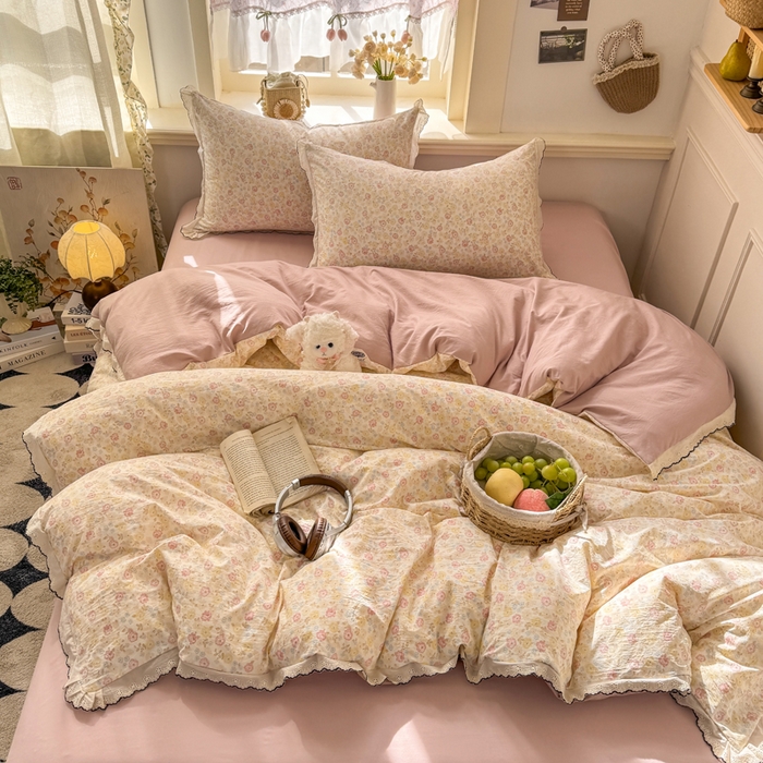 91家纺网 家纺一手货源 找家纺 （总）梦忧草 2026新款春夏新款法式花边小清新四件套仿棉云感纱三件套单被套单件