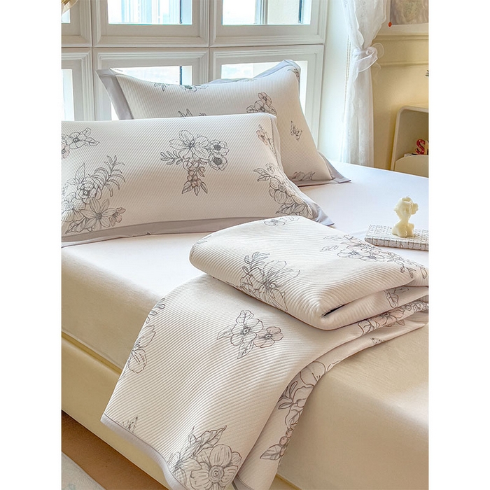 91家纺网 家纺一手货源 找家纺 莱家富 2026新款夏季花卉冰丝床裙席单件夏天冰豆豆A类可机洗学生宿舍空调软席 印花床笠席-花影